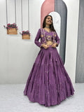 Purple chinon embroidered crop top lehenga with designer jacket