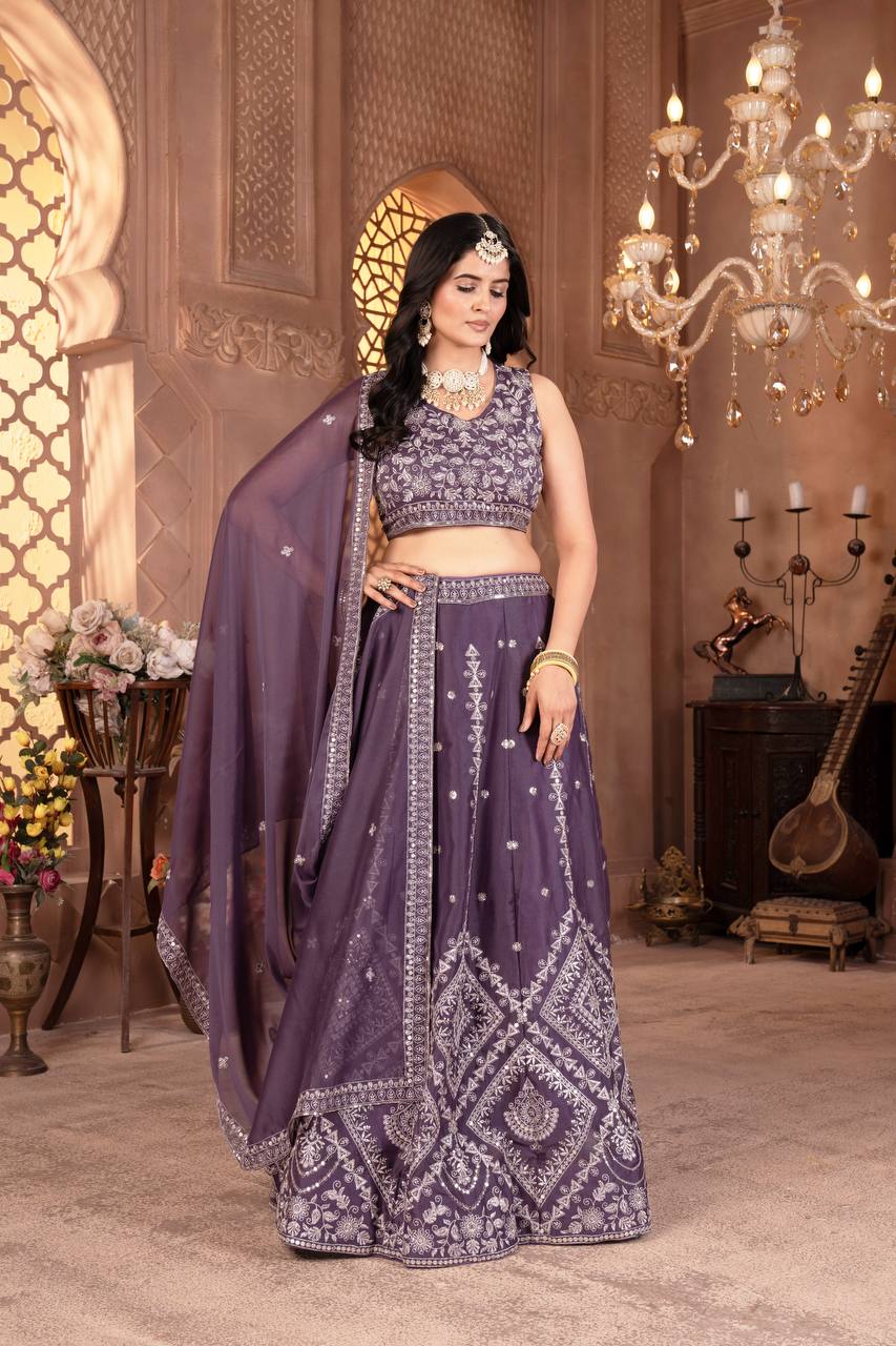 Purple star georgette sequins embroidered lehenga choli with dupatta