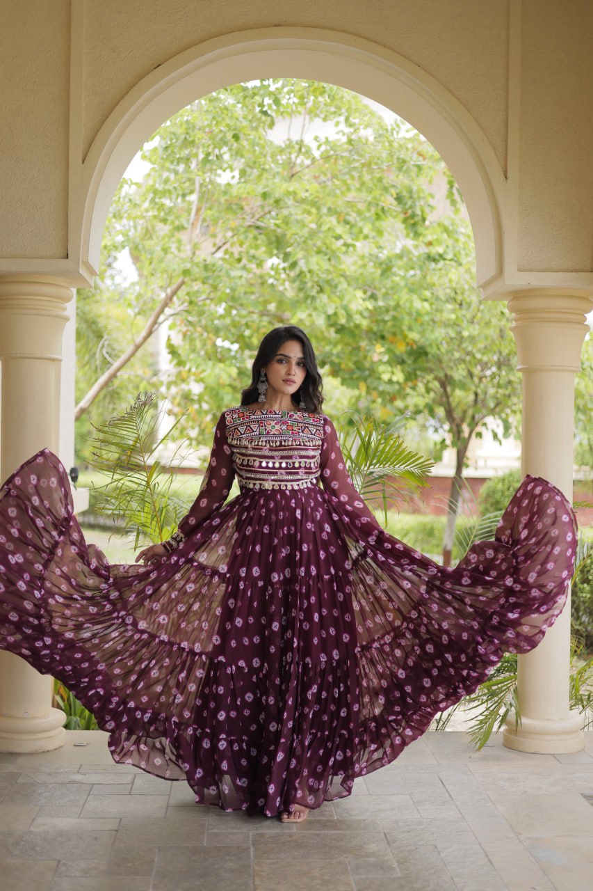 Lavanya Purple Faux Georgette Bandhani Kutchi Patchwork Gown