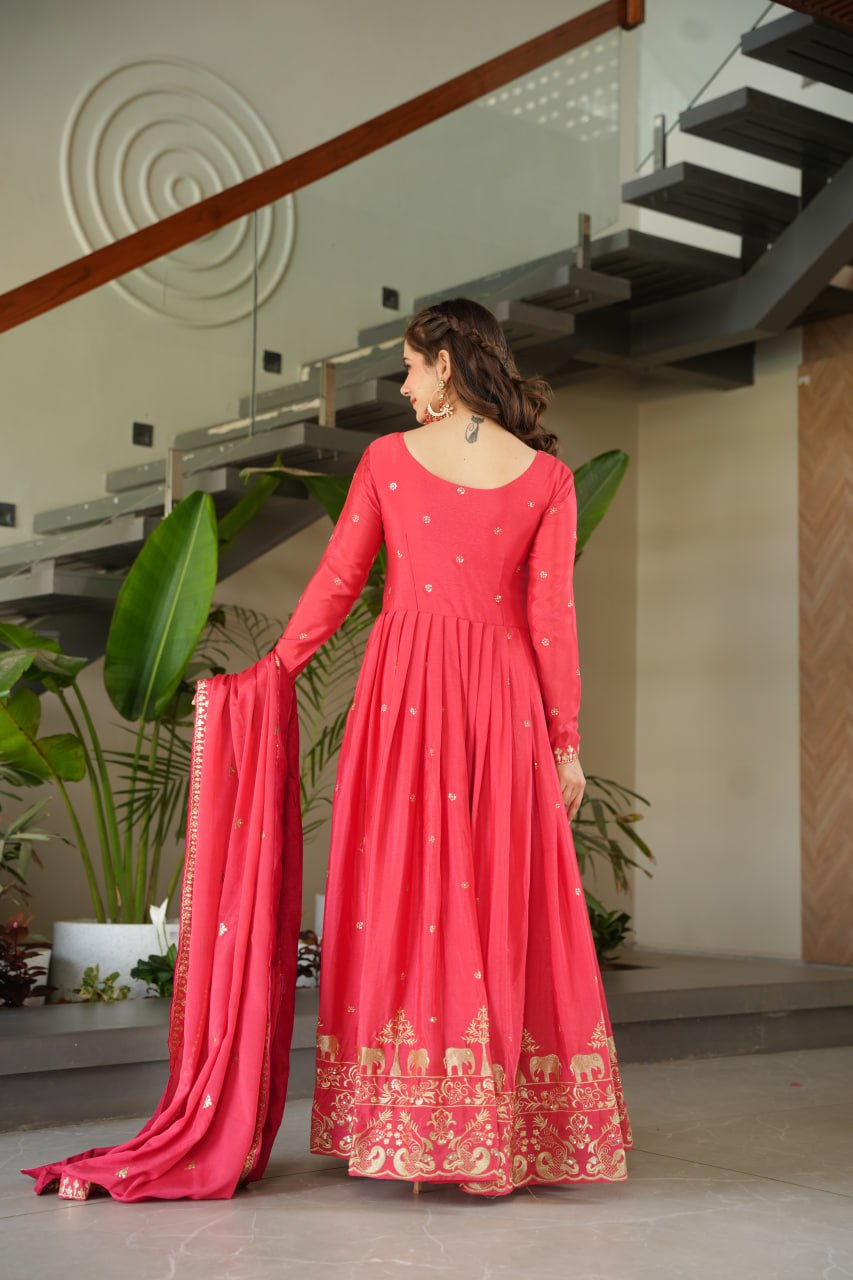 Harvisha Rani Pink Chinon Silk Embroidered Gown