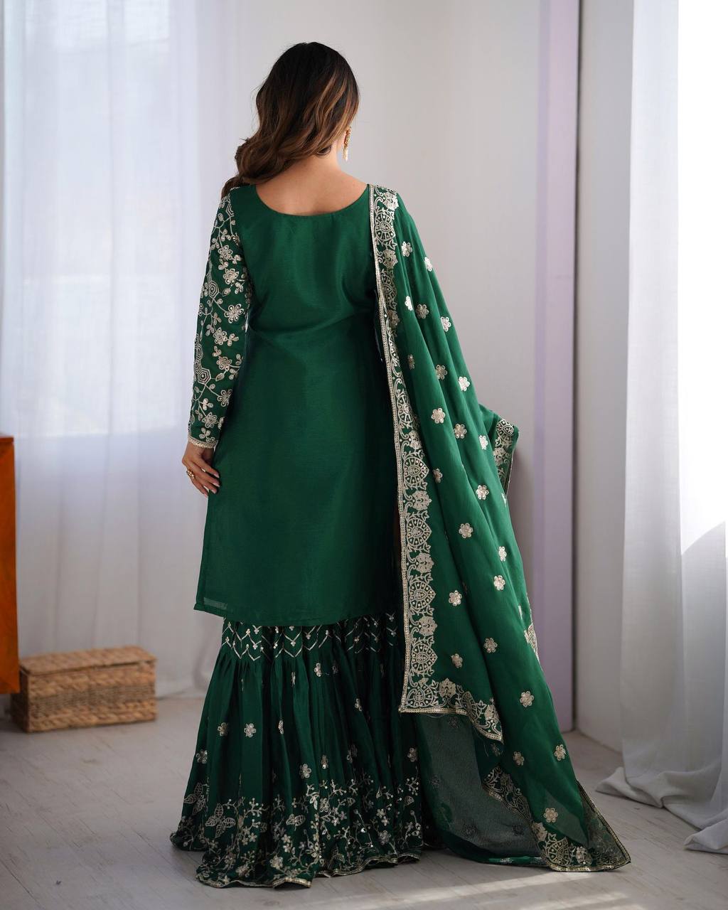  Agnija green Chinon silk sharara suit set for women, featuring thread and sequin embroidery on kurti and dupatta, stitched sharara pants with soft micro lining – perfect festive and wedding ethnic outfit for 2025.