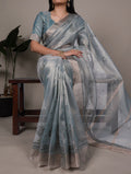 Sky Blue Color Poly Shimmer Thread Embroidered Saree with Unstitched Blouse