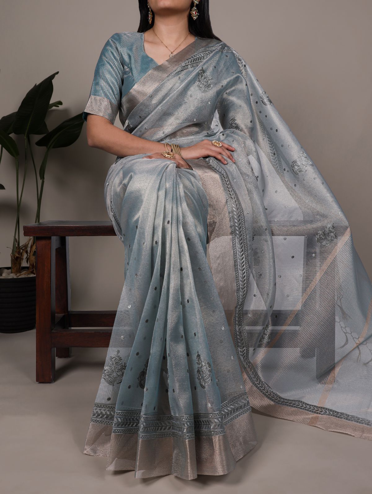 Sky Blue Color Poly Shimmer Thread Embroidered Saree with Unstitched Blouse