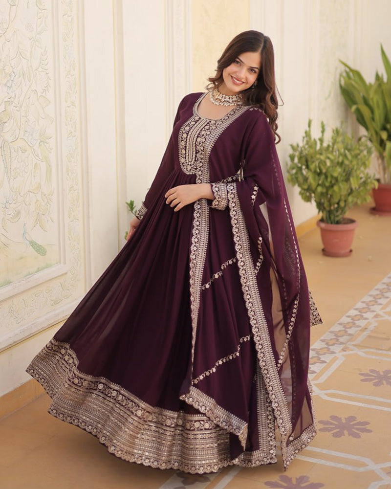 Vasundhara faux blooming wine anarkali gown suit set