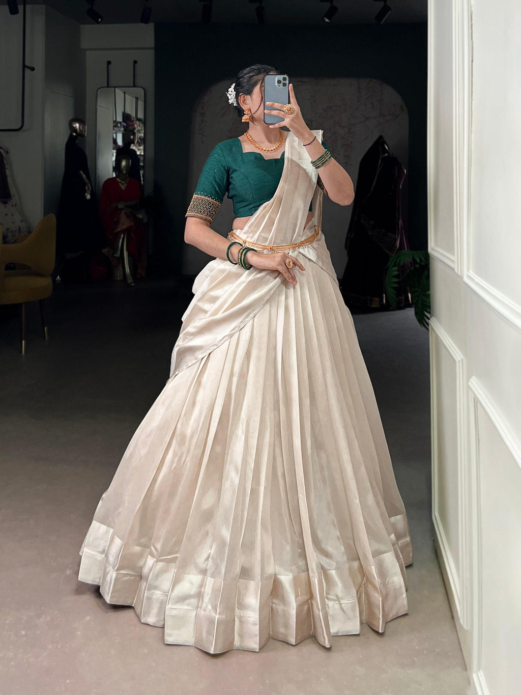 Off White Poly Tasar Viscose Border and Bead Work Traditional Lehenga Choli