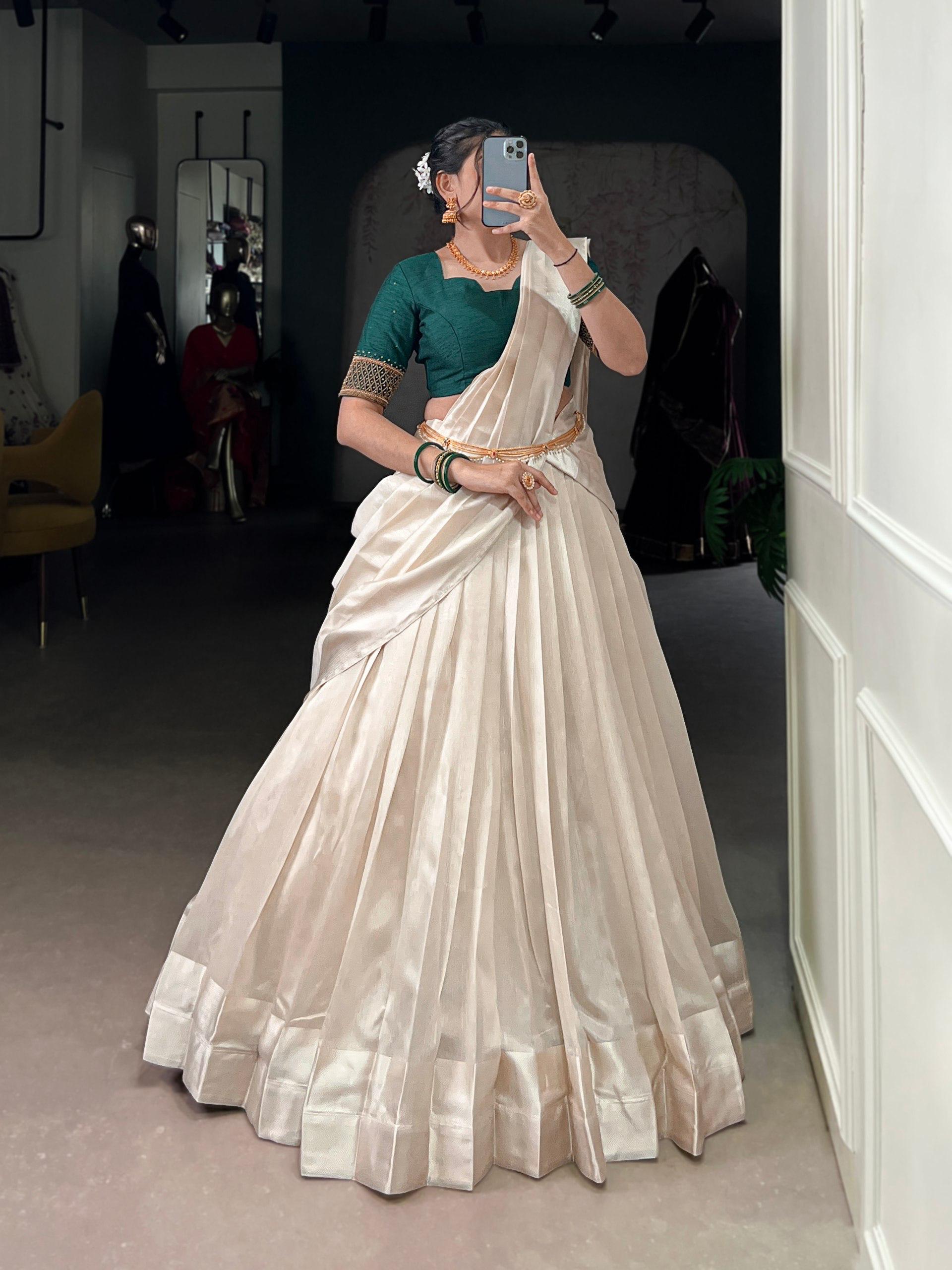 Off White Poly Tasar Viscose Border and Bead Work Traditional Lehenga Choli