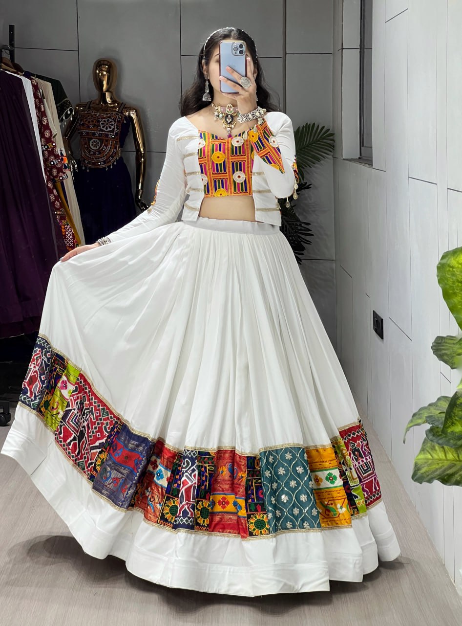 White festive wear fancy top lehenga with Kutchi detailing
