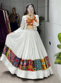 White festive wear fancy top lehenga with Kutchi detailing