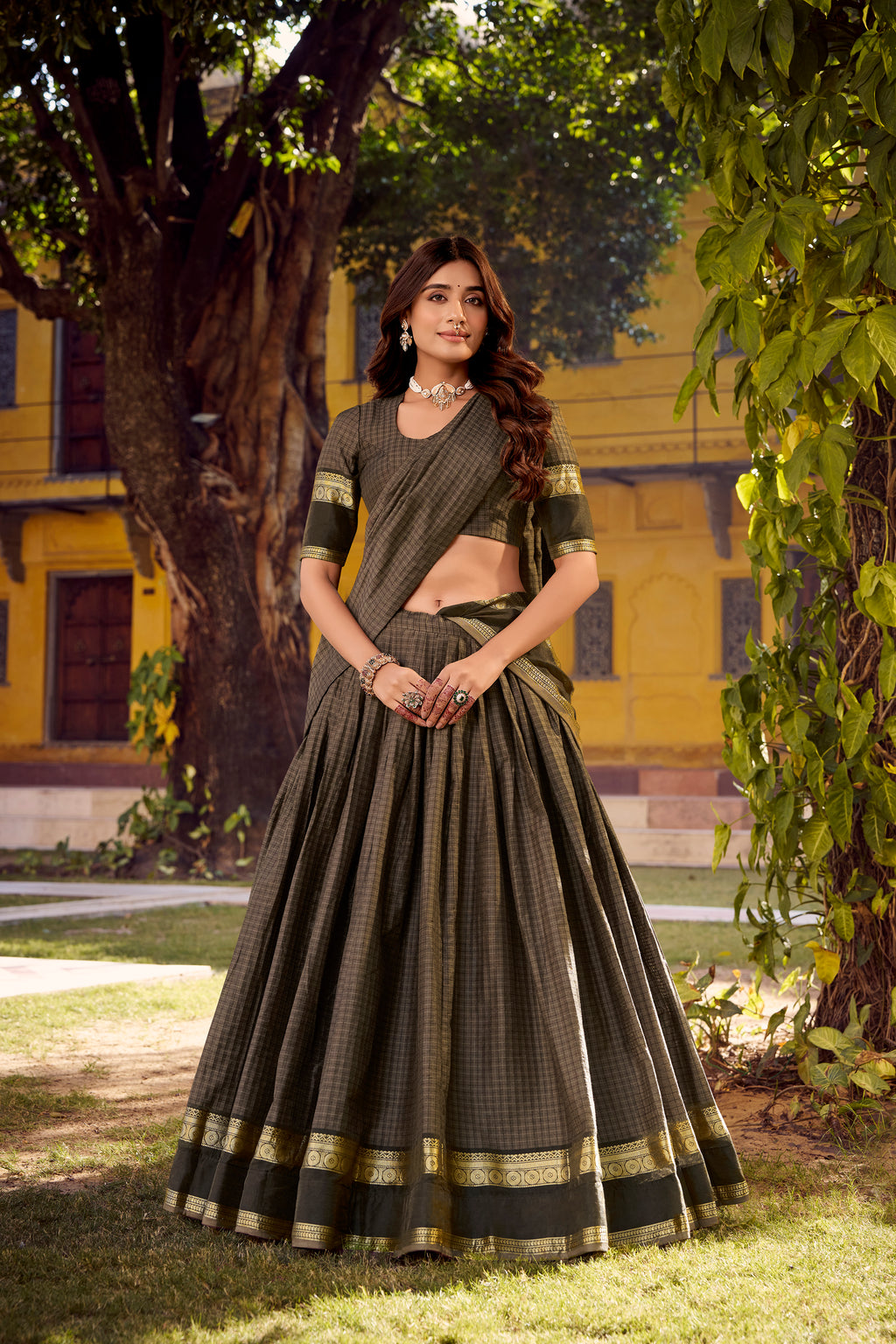 Rimi Grey Color Chettinad Cotton Chex With Zari Weaving Work Half-Saree Lehenga