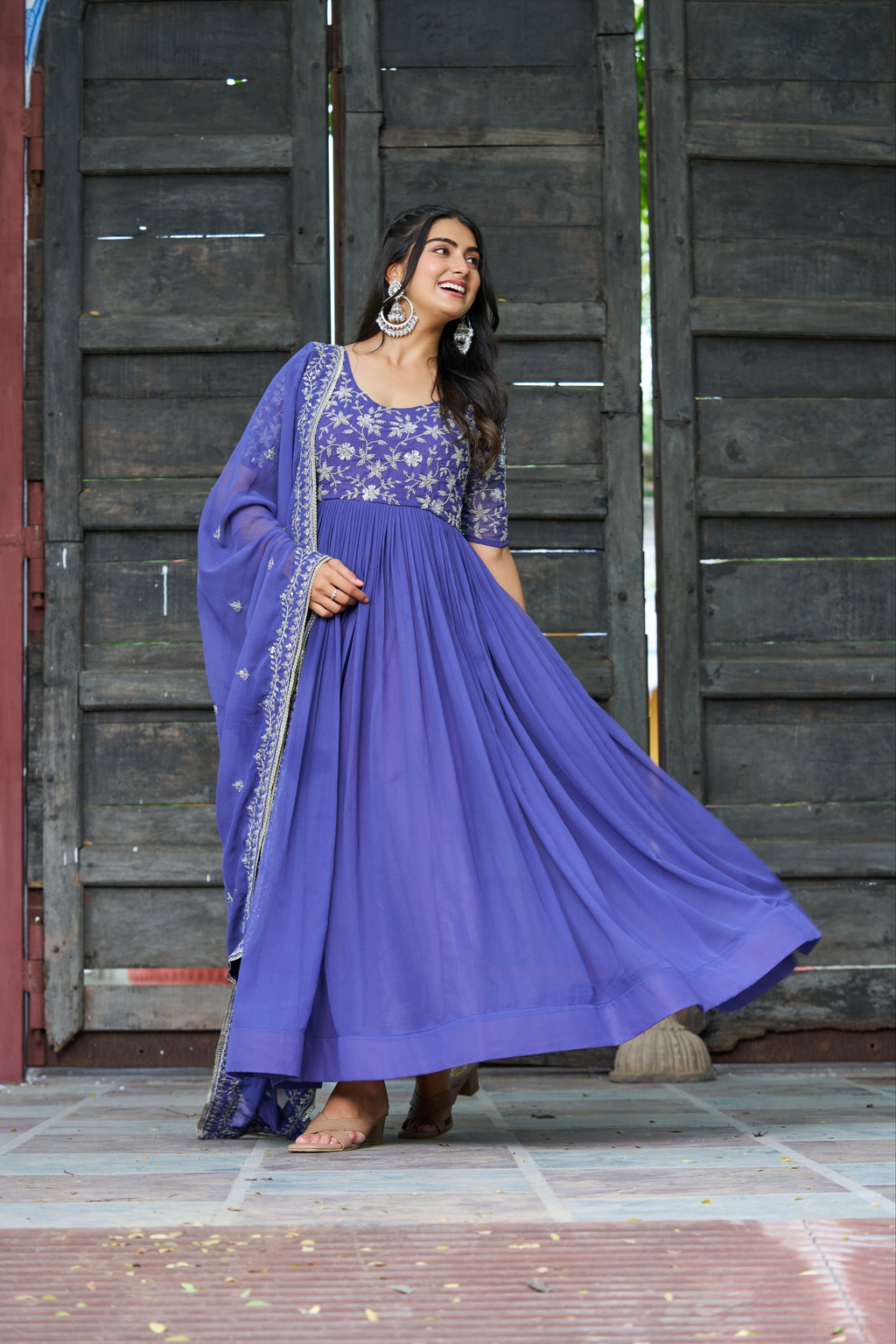Rahi Lavender Color Faux Blooming Sequins Beads Embroidered Gown with Dupatta