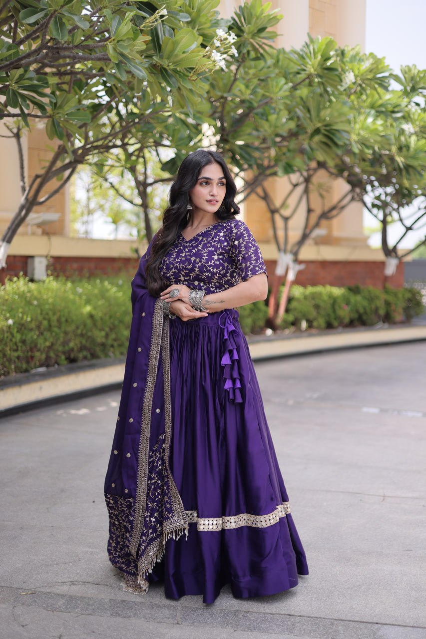 Subhadra Purple Glory Satin Embroidery Zari Sequins Lehenga