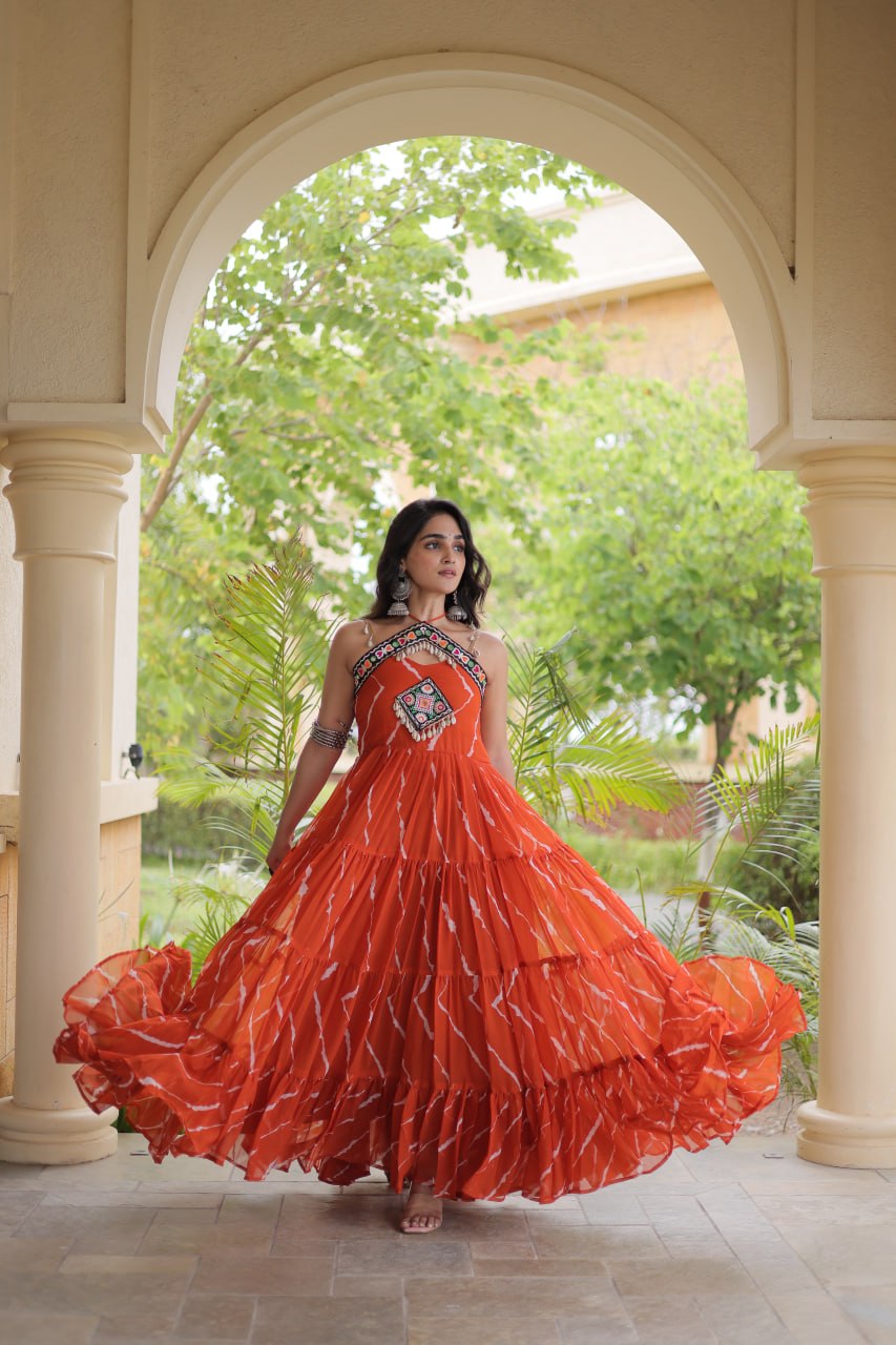 Bhavna Orange Faux Georgette Laheriya Kutchi Patchework Gown