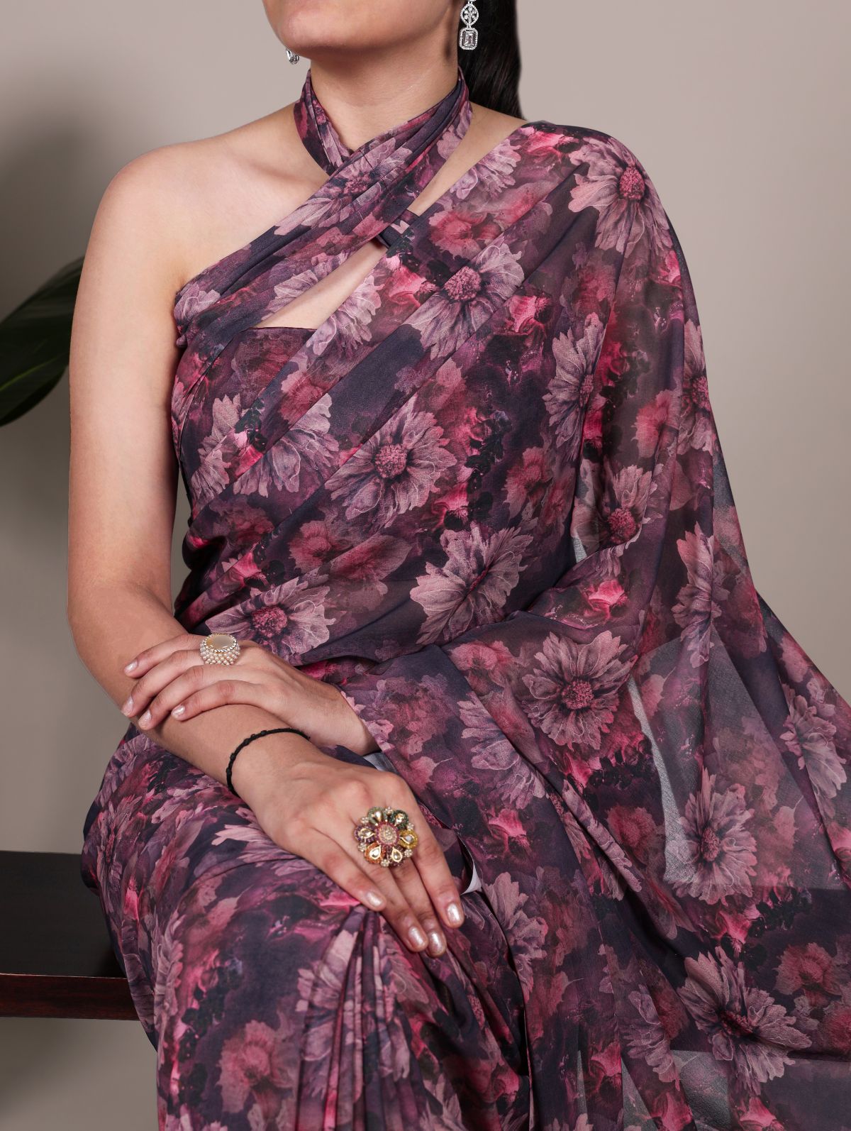 Onion Pink Color Weightless Marble Floral Print Saree with Unstitched Blouse