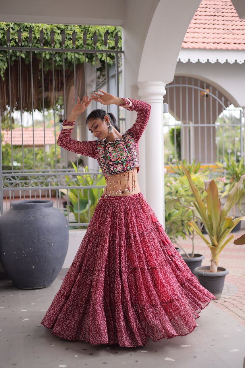 Anjali Brown Faux Georgette Bandhani Kutchi Patchework Lehenga