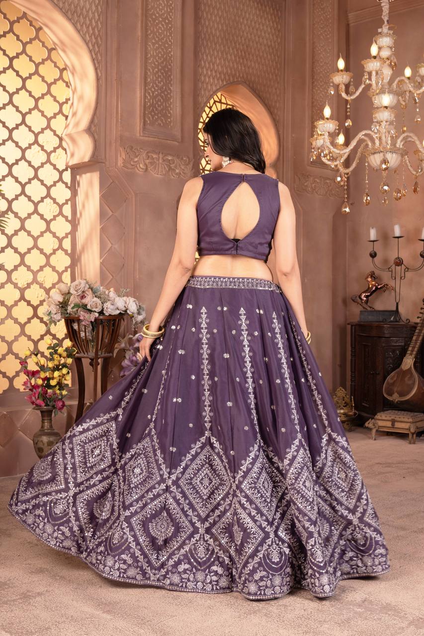 Purple star georgette sequins embroidered lehenga choli with dupatta