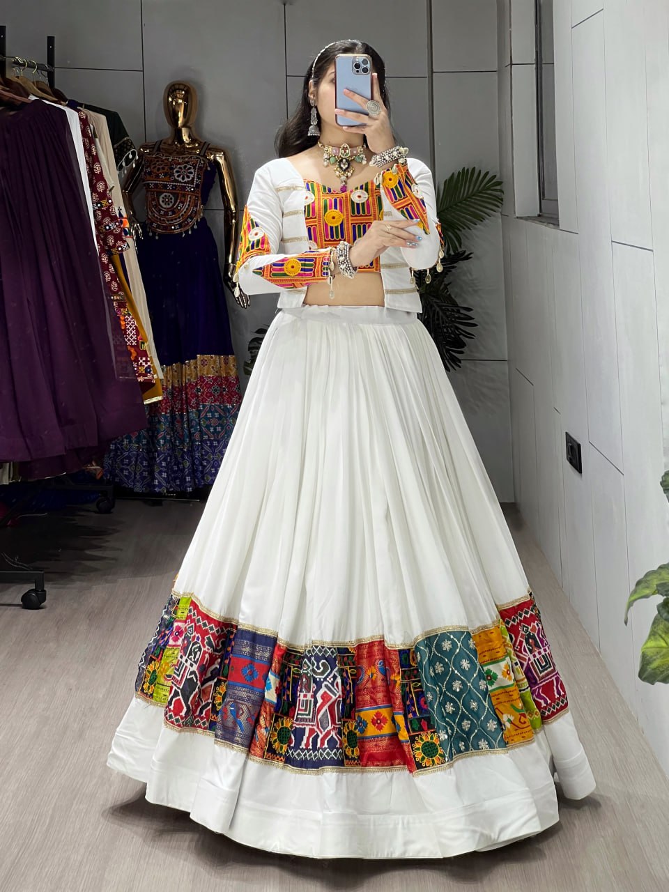 White festive wear fancy top lehenga with Kutchi detailing
