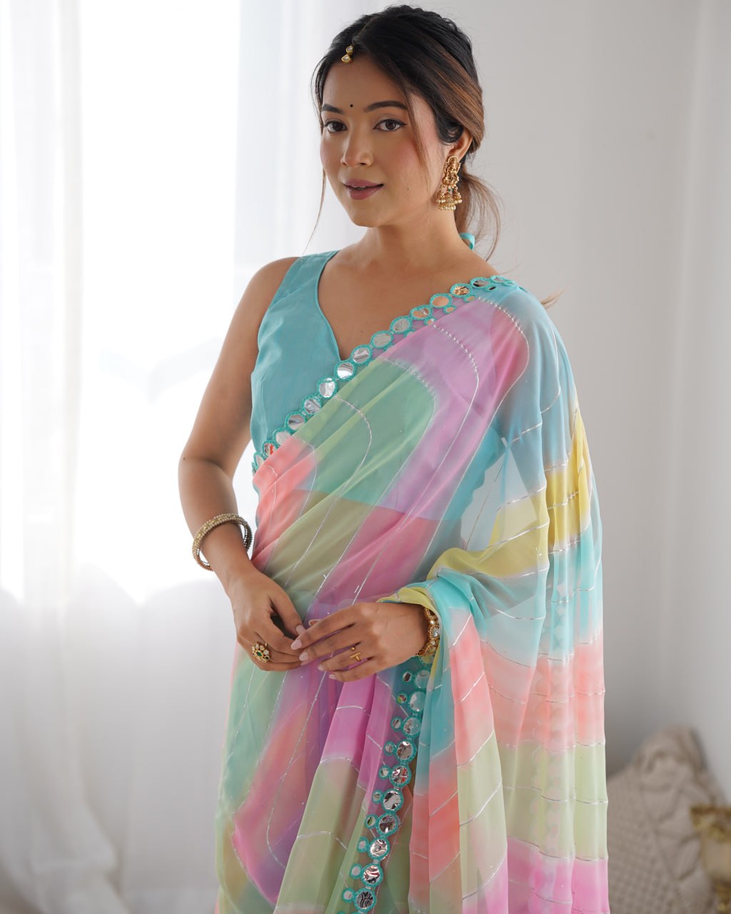 Isha Georgette Mirror Work Multicolor Saree