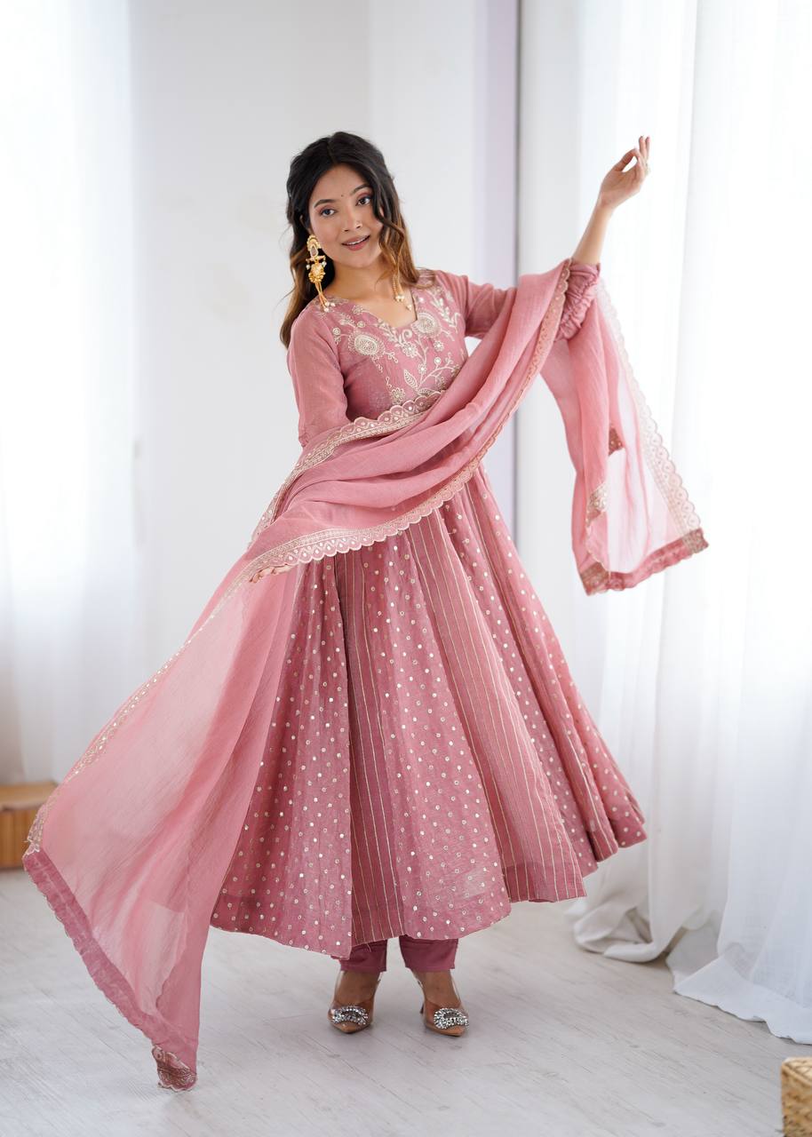 Peach Color Crunchy Silk Embroidered Anarkali Suit Set