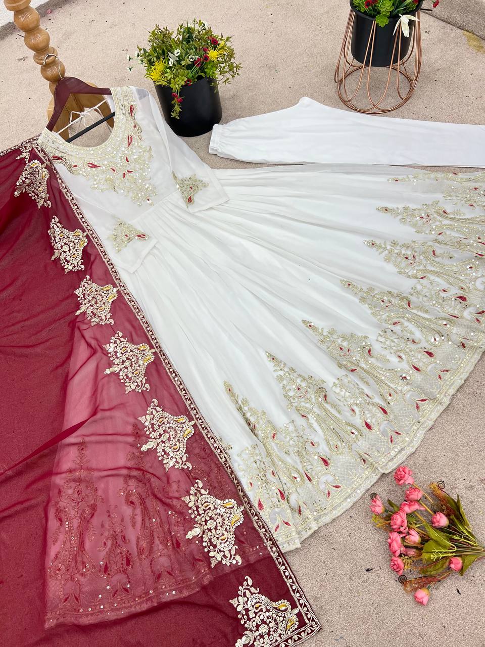 Tejvini White Georgette Embroidered Gown with Dupatta