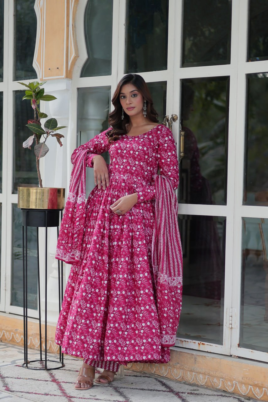 Mahi Pink Pure Cotton Anarkali Set with Dupatta