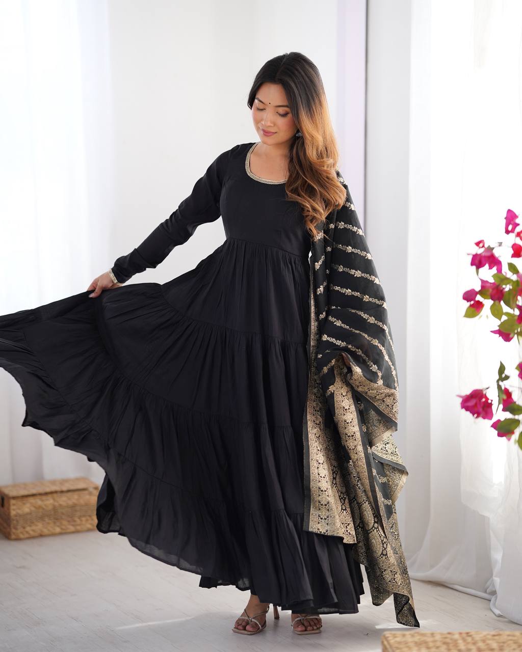 Black Roman Silk Anarkali suit with 9-meter flair, Banarasi dupatta & pant—elegant festive wear for weddings, parties & traditional occasions.