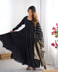 Black Roman Silk Anarkali suit with 9-meter flair, Banarasi dupatta & pant—elegant festive wear for weddings, parties & traditional occasions.