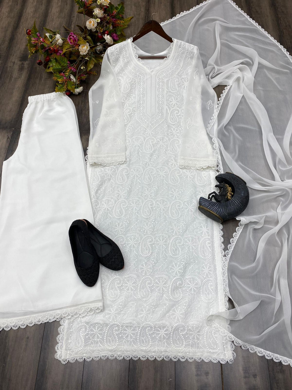 Ramani Peach Georgette Chikankari Embroidery Kurti Set