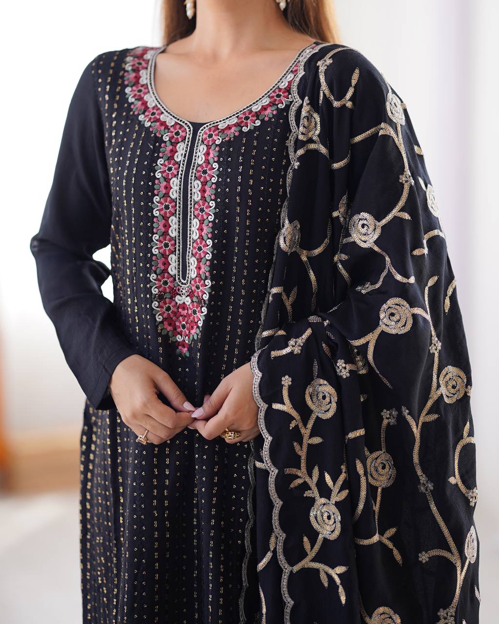 Shop this embroidered kurti with pants and dupatta – a stunning chinon silk ethnic wear, fully stitched kurti set online for festive wear for women.