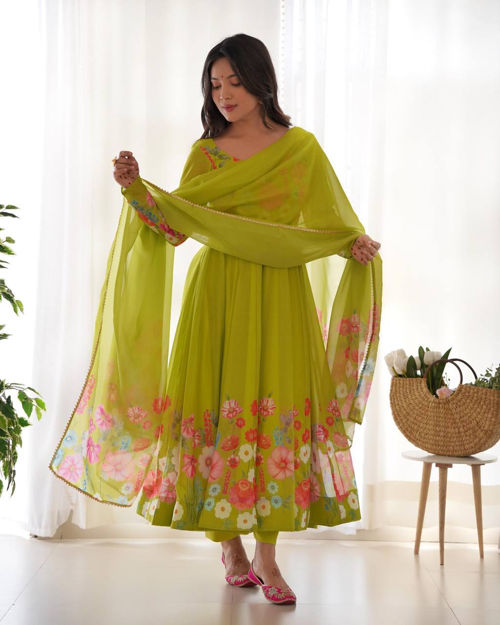 Darshika Green Organza Floral Printed Anarkali Suit Set