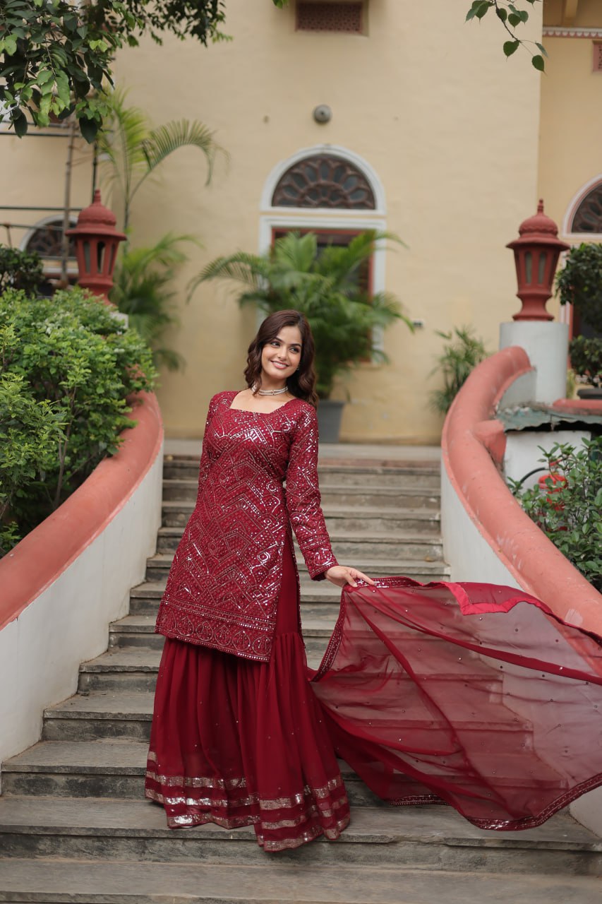 Lavya Maroon Georgette Embroidered Kurti Sharara Set
