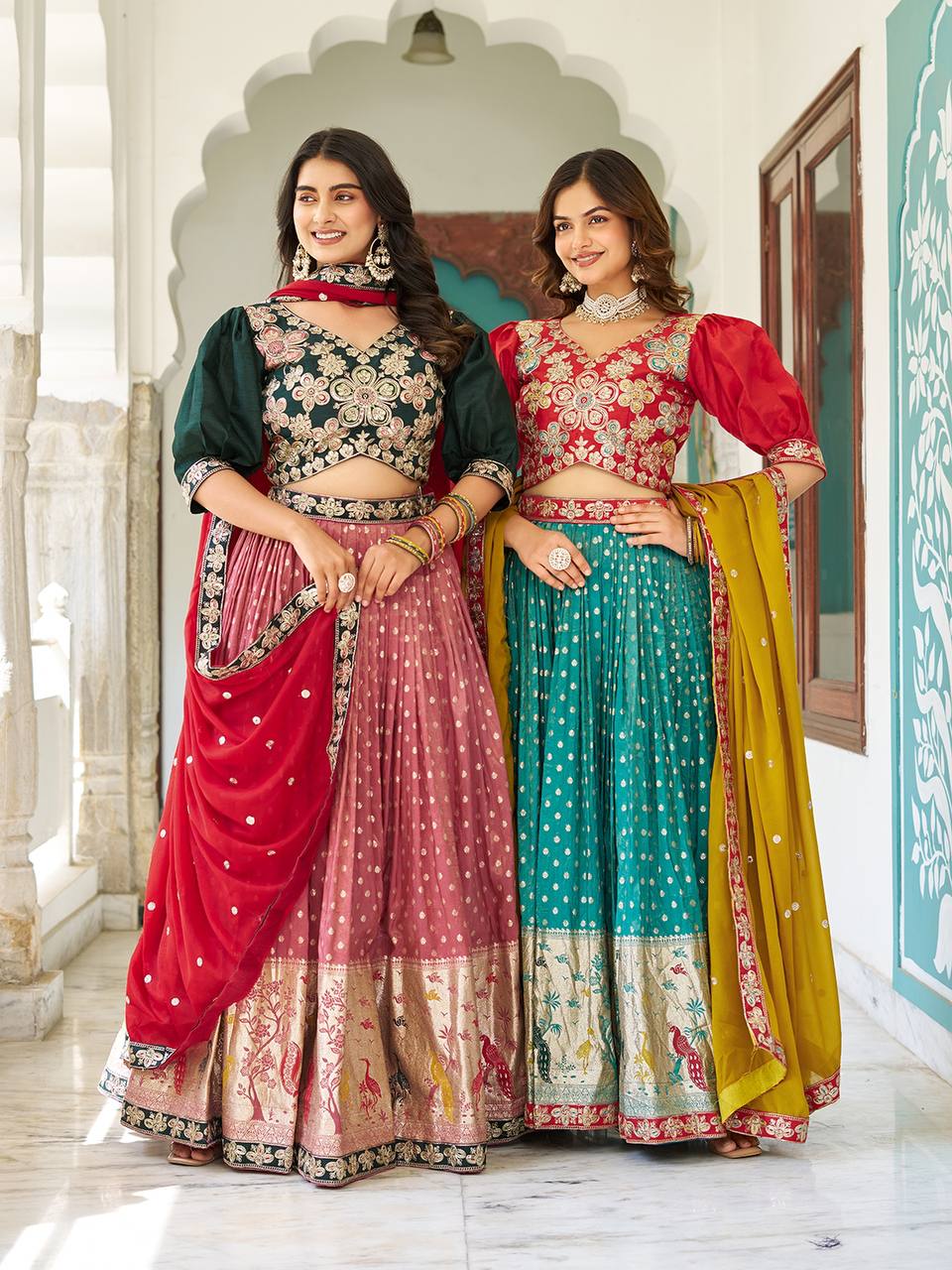 Multicolour silk lehenga choli set with heavy embroidery, sequin, and cording work; includes stitched shimmer lehenga, fully stitched mono silk choli, and embroidered georgette dupatta – perfect for weddings and festive occasions