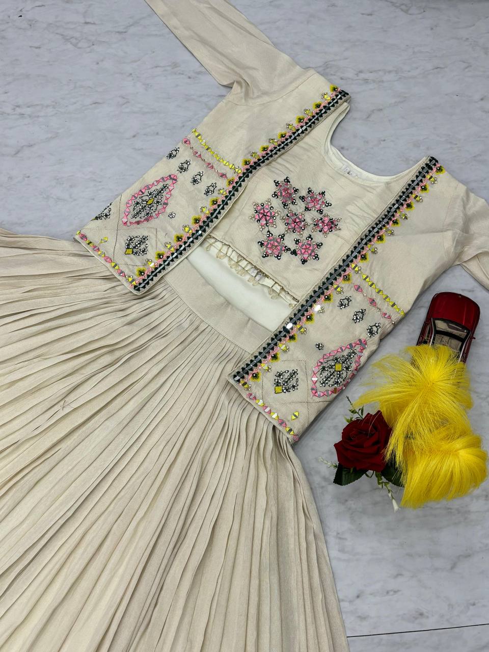 Off-White Tissue Shimmer Handwork Real Diamond Work Lehenga Choli with Jacket