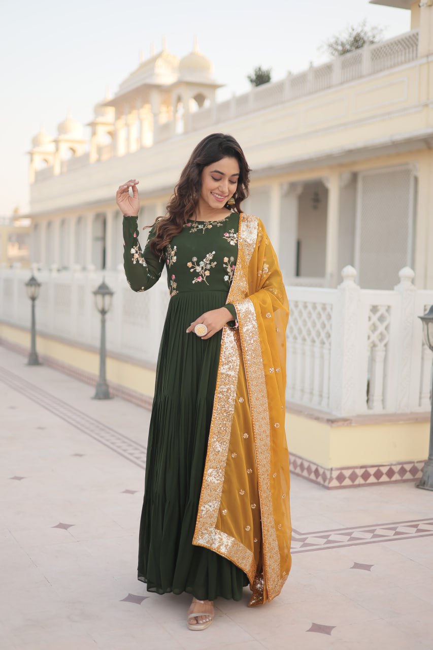 Satyabhama green georgette anarkali gown set