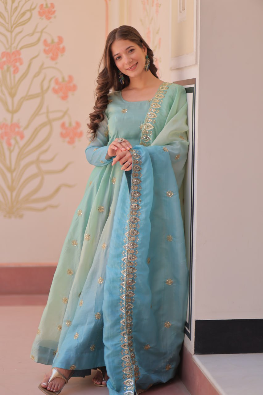 Sky blue organza flair sequins zari embroidery gown with dupatta