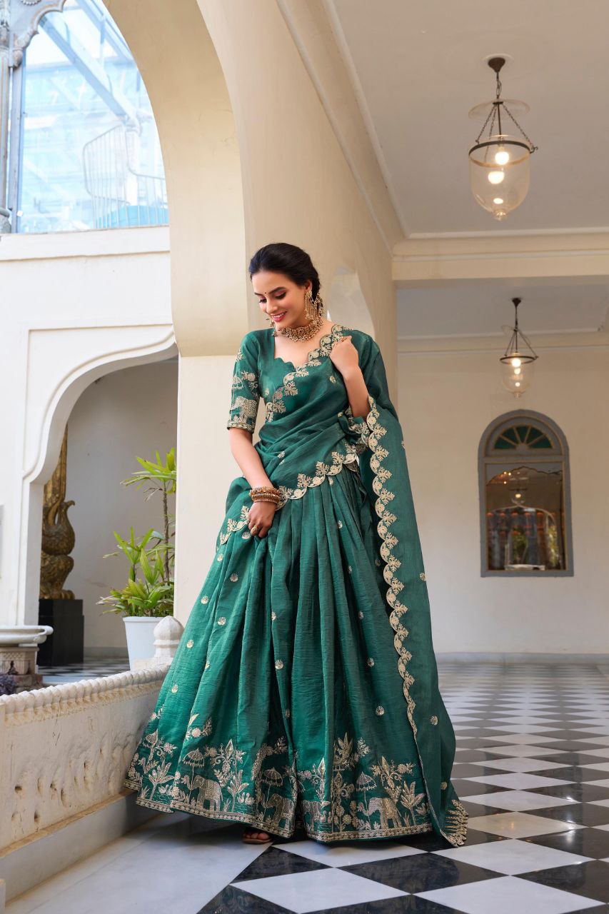 Teal green gold crush sequins thread embroidery work lehenga choli