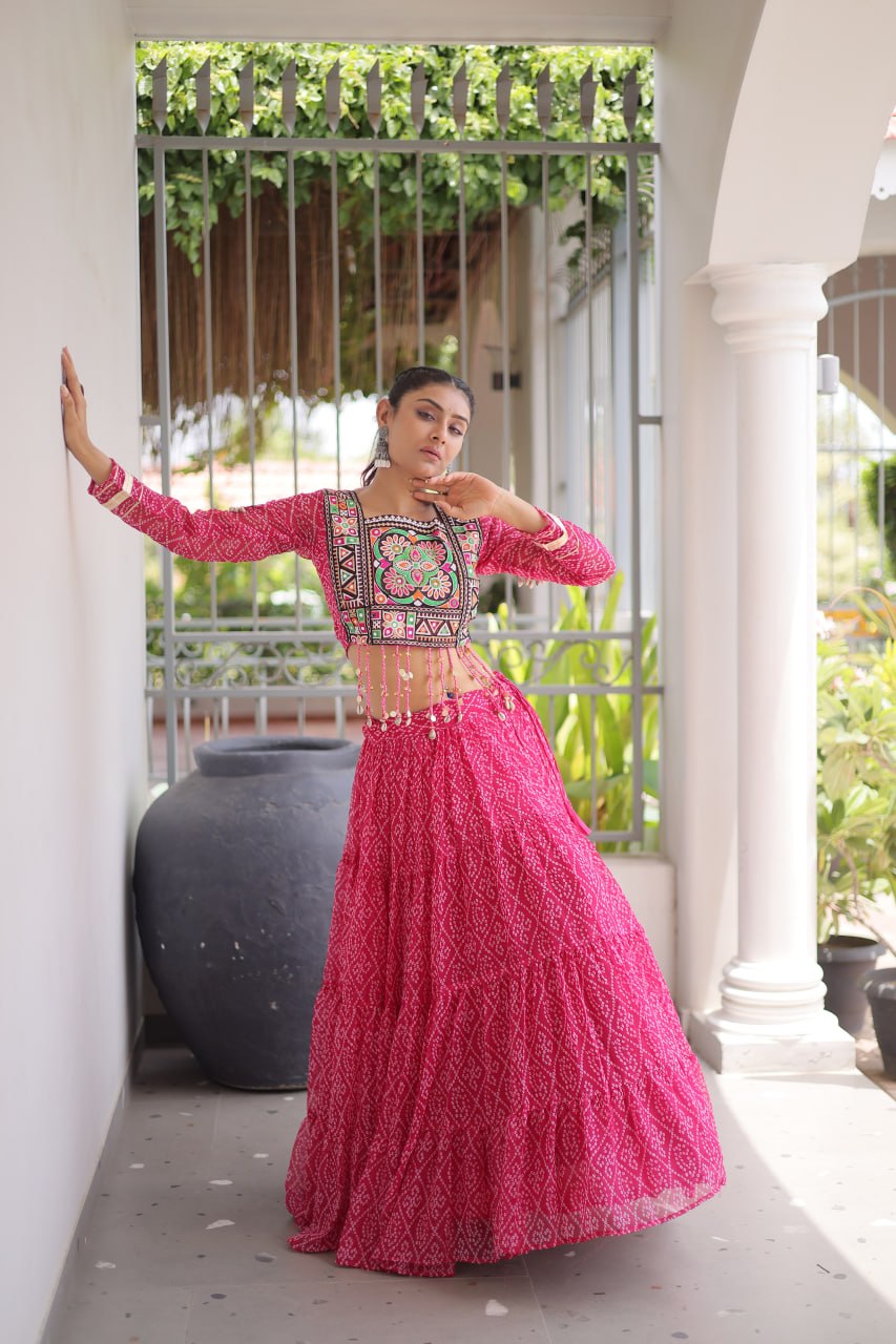 Anjali Pink Faux Georgette Bandhani Kutchi Patchework Lehenga