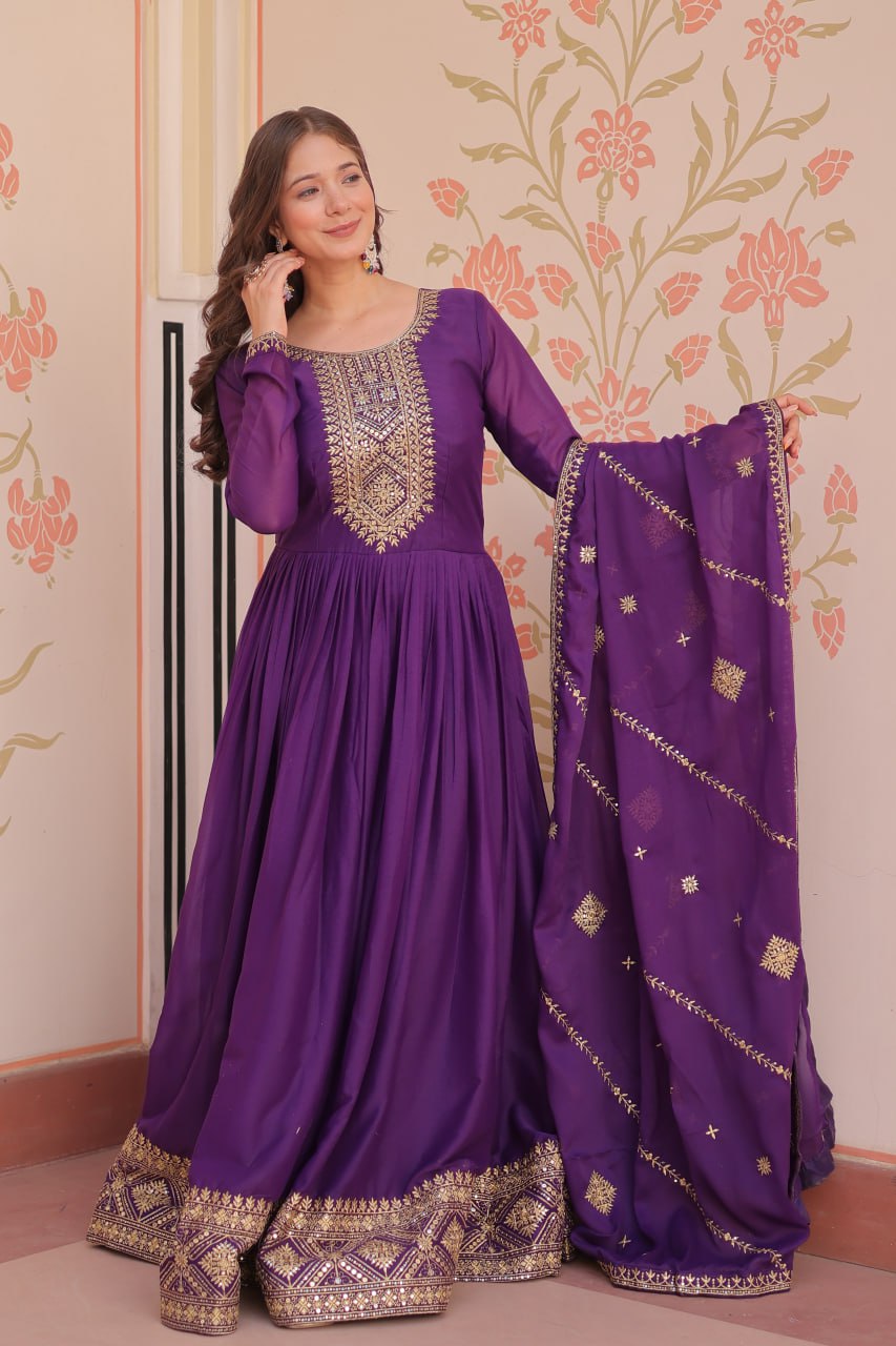 Purple Color Star Georgette Zari Sequins Embroidered Gown with Dupatta