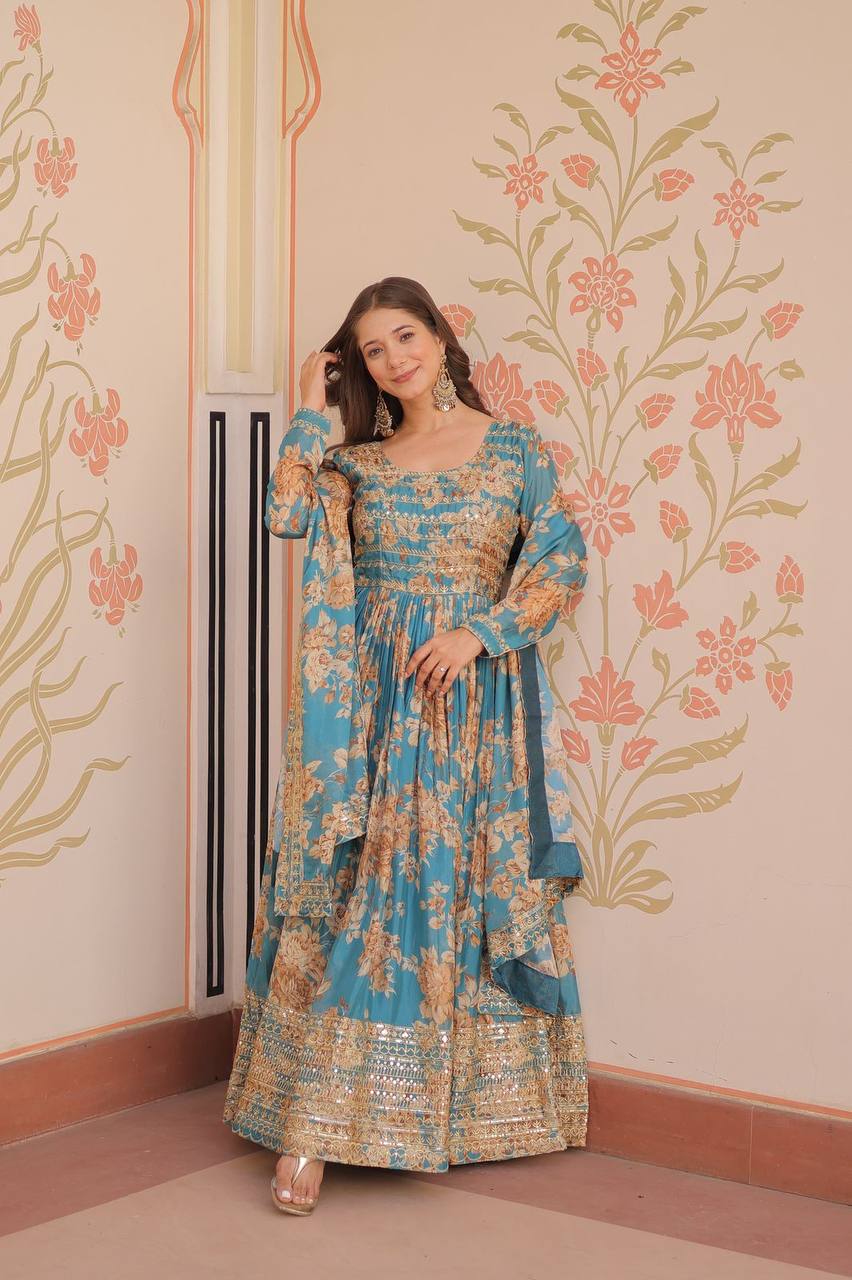 Teal Blue Russian Silk Print Embroidered Sequins Work Gown with Dupatta