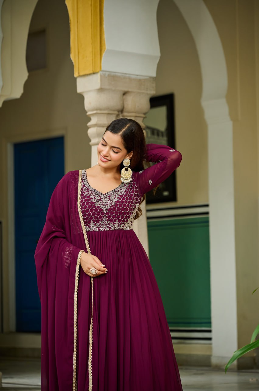 Wine Color Faux Blooming Beads Embroidered Gown with Dupatta