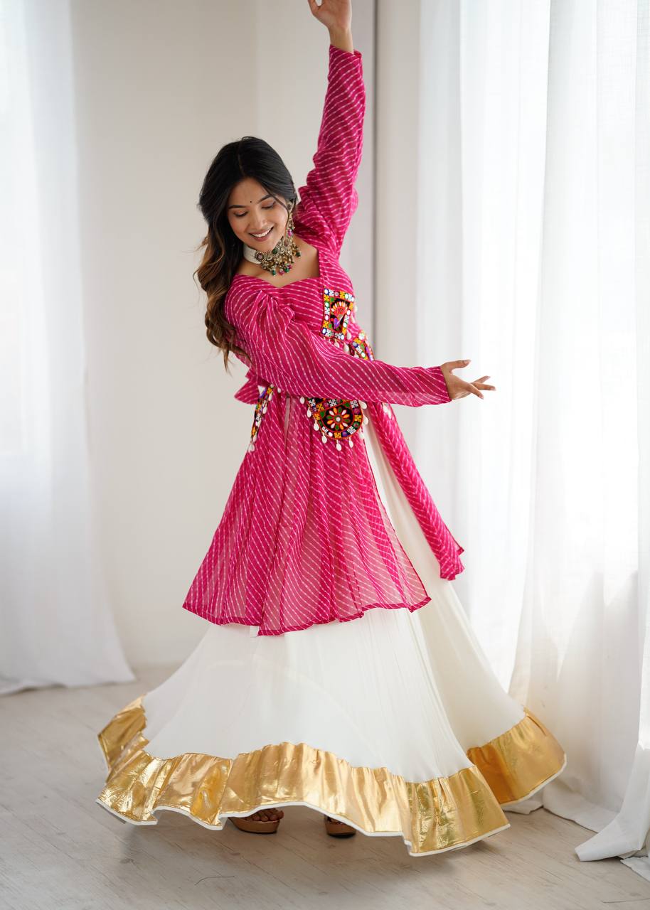 Pink Georgette Top with Digital Print and Thread Work Butter Silk Gota Patti Work Lehenga