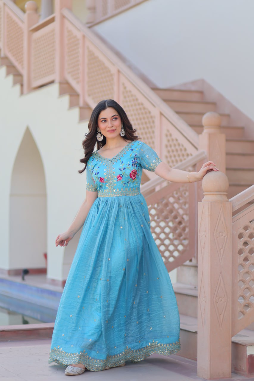 Sky Blue Gold Crush Zari Sequins Work Embroidered Gown