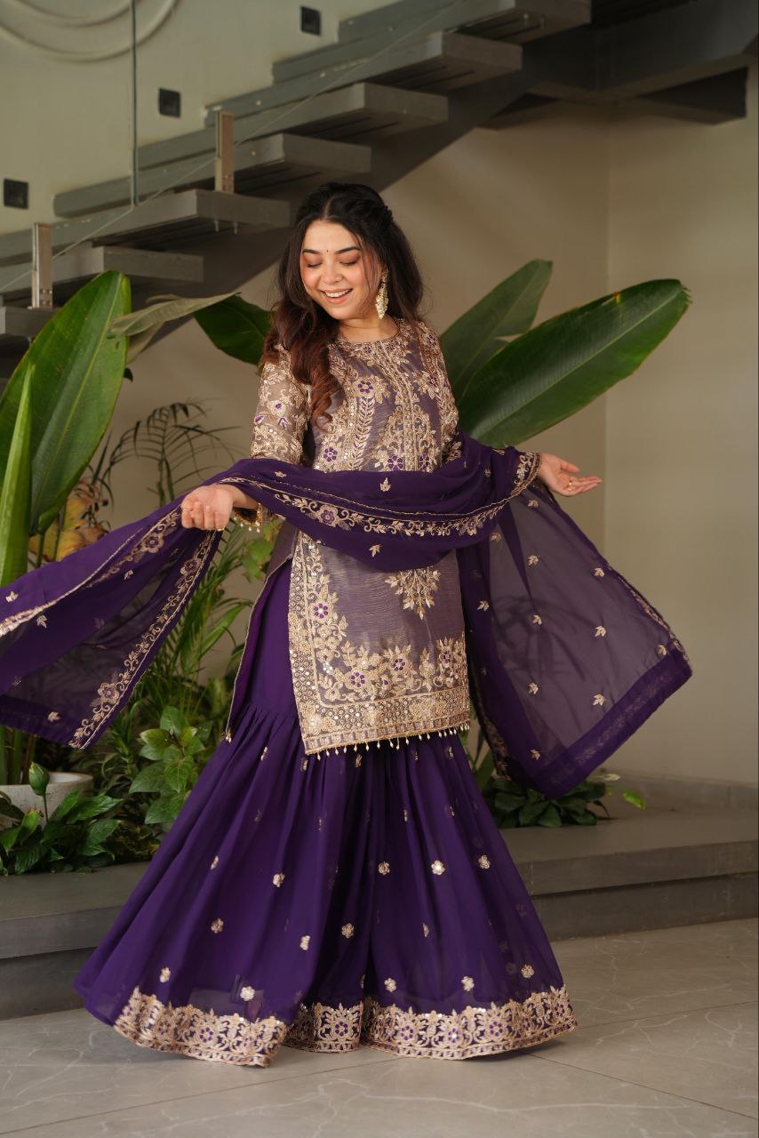 Purple Crazy Silk Embroidered Kurti Palazzo Set with Dupatta