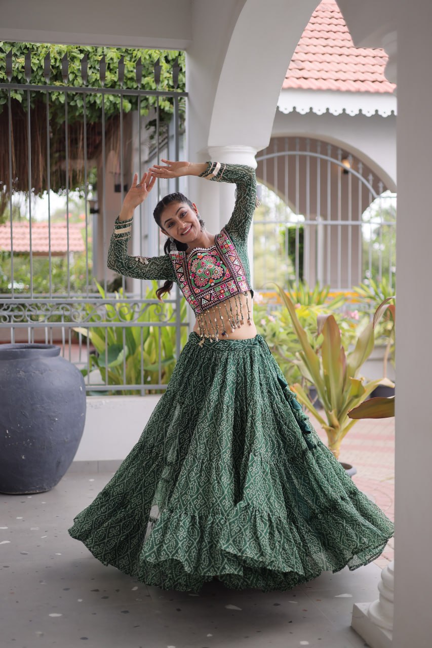 Anjali Green Faux Georgette Bandhani Kutchi Patchework Lehenga