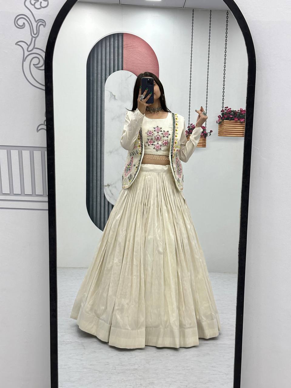 Off-White Tissue Shimmer Handwork Real Diamond Work Lehenga Choli with Jacket