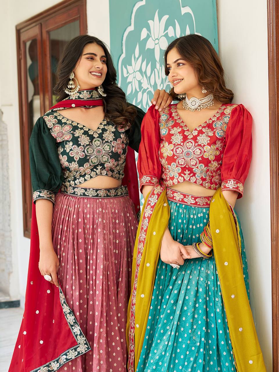 Multicolour silk lehenga choli set with heavy embroidery, sequin, and cording work; includes stitched shimmer lehenga, fully stitched mono silk choli, and embroidered georgette dupatta – perfect for weddings and festive occasions
