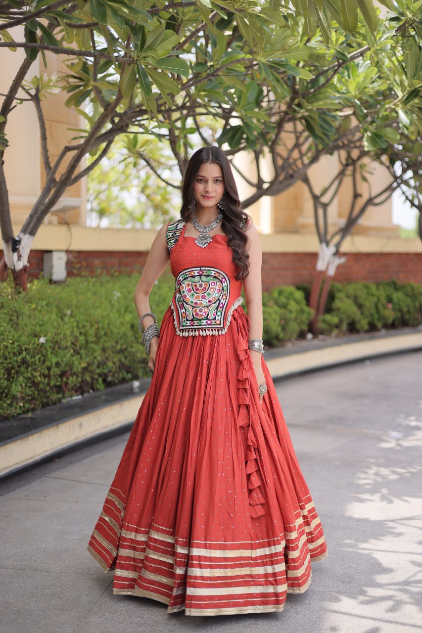 Yashvi Orange Reyon Mukesh Patti Lace Lehenga Choli