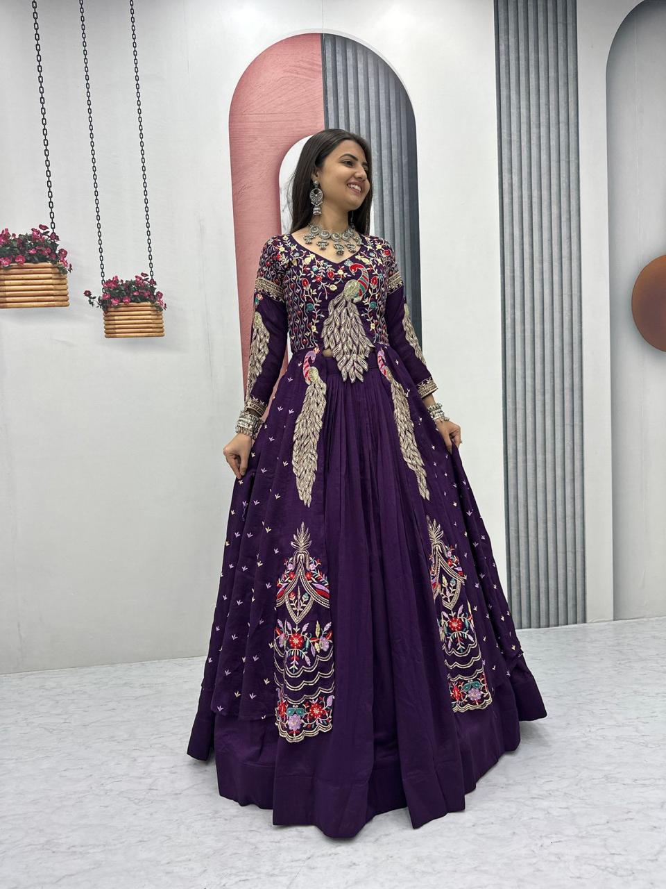 Mani purple Vichitra silk crop top peacock design lehenga with embroidered shrug