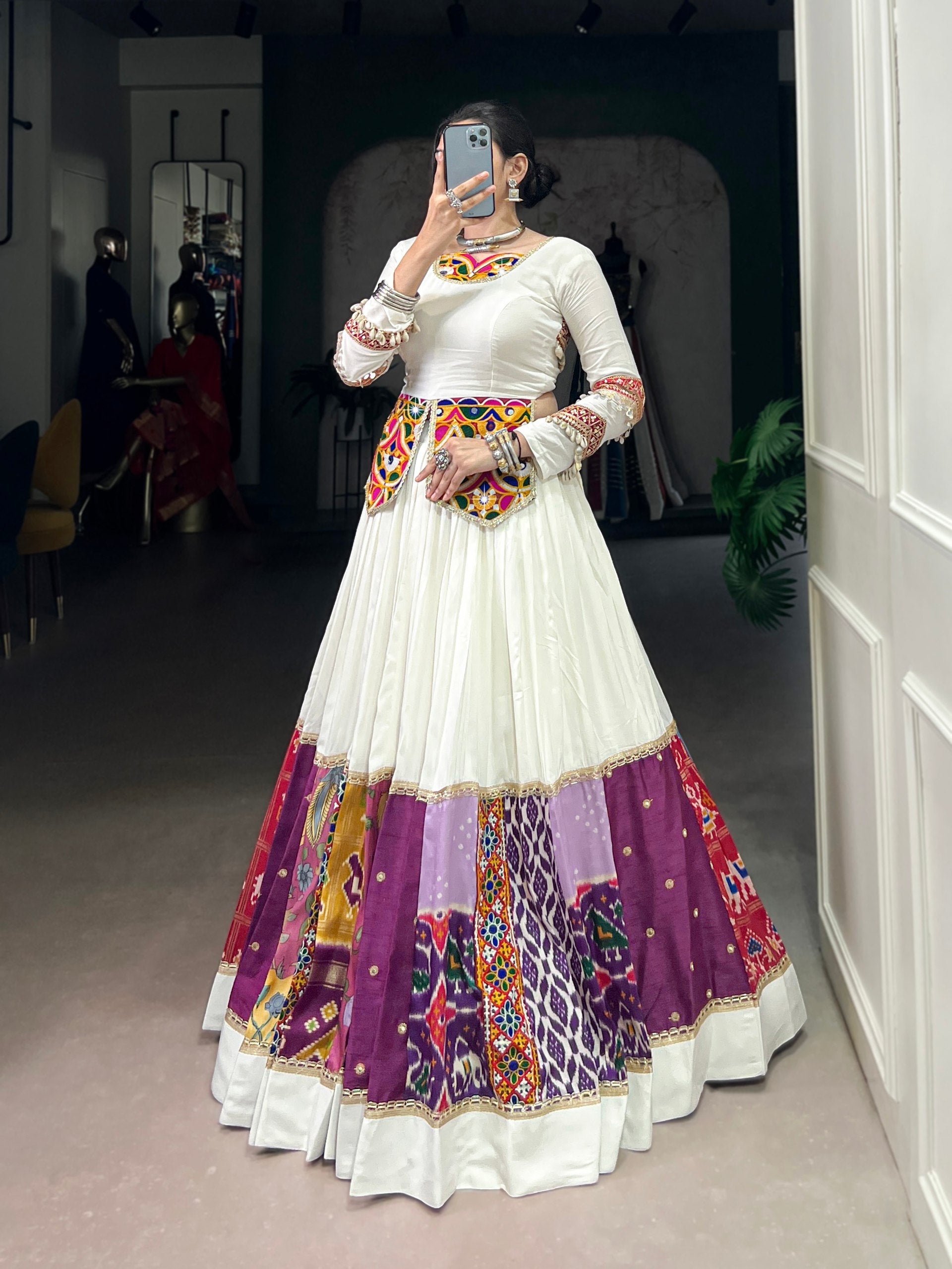 White Multicolor Pure Rayon Mirror Gamthi Work Patch Design Lehenga Choli
