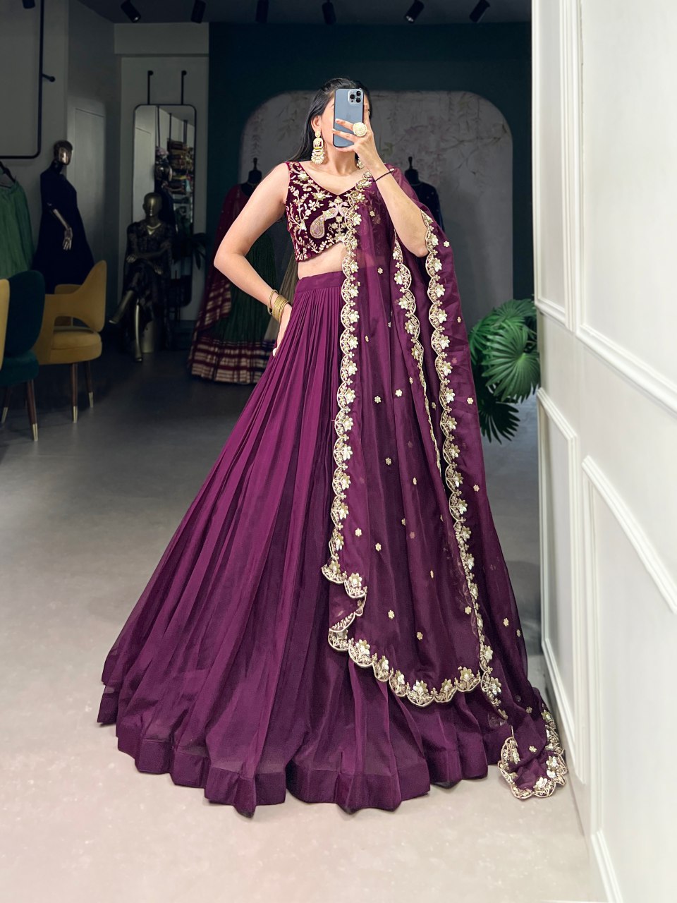 Purple organza silk lehenga with velvet embroidered blouse and dupatta
