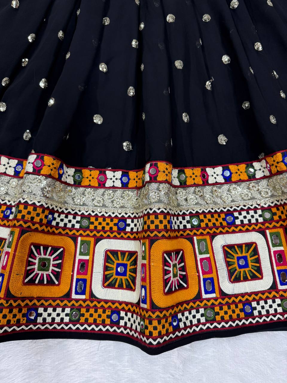 Black Georgette with Gamthi Thread Mirror Work Lehenga Choli with Dupatta